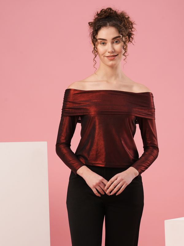 Globus Women Maroon Off-Shoulder Regular Sleeves Party Top