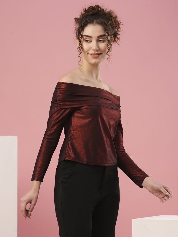 Globus Women Maroon Off-Shoulder Regular Sleeves Party Top