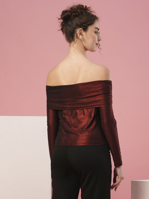 Globus Women Maroon Off-Shoulder Regular Sleeves Party Top