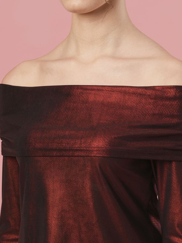 Globus Women Maroon Off-Shoulder Regular Sleeves Party Top