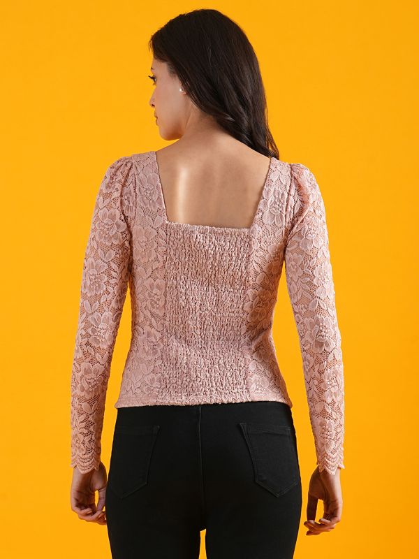 Globus Women Dusty Pink Sweetheart Neck Puff Sleeves Smocked Floral Lace Party Top