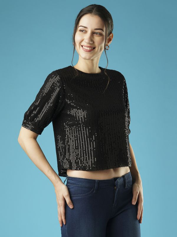 Globus Women Black Round Neck Puff Sleeves Sequined Party Top