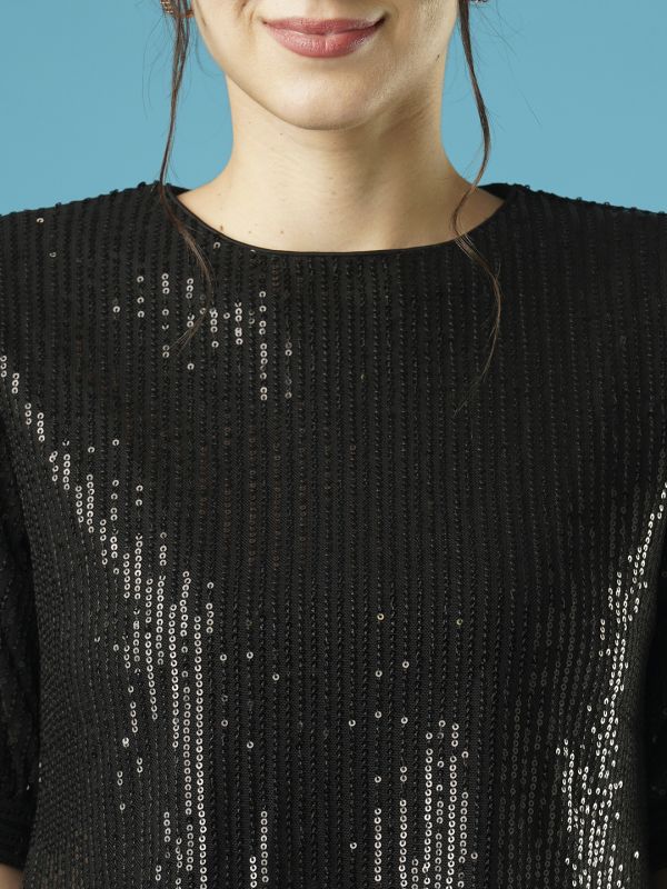 Globus Women Black Round Neck Puff Sleeves Sequined Party Top