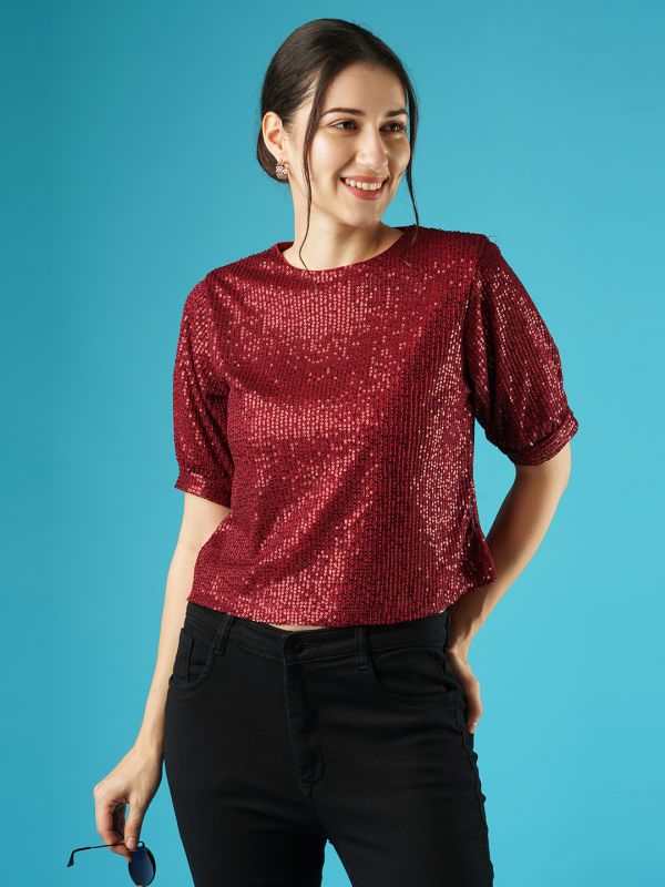 Globus Women Maroon Round Neck Puff Sleeves Sequined Party Top