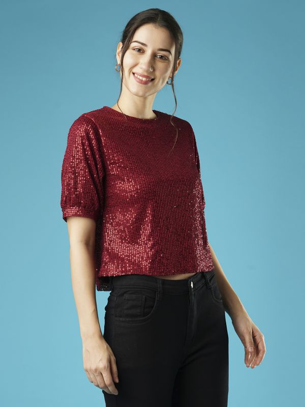 Globus Women Maroon Round Neck Puff Sleeves Sequined Party Top