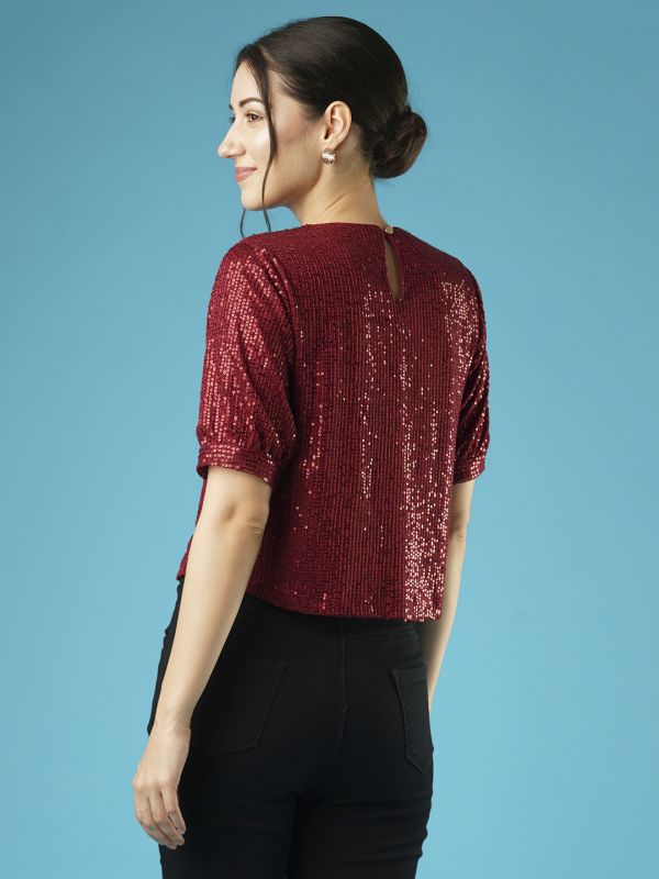 Globus Women Maroon Round Neck Puff Sleeves Sequined Party Top