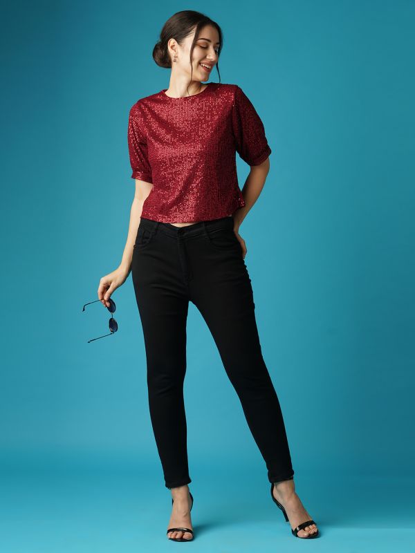 Globus Women Maroon Round Neck Puff Sleeves Sequined Party Top