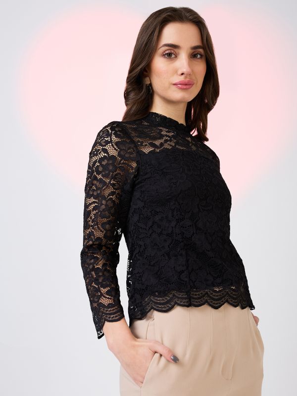 Globus Women Black Self Design High Neck Floral Lace Scalloped Hem Party Top