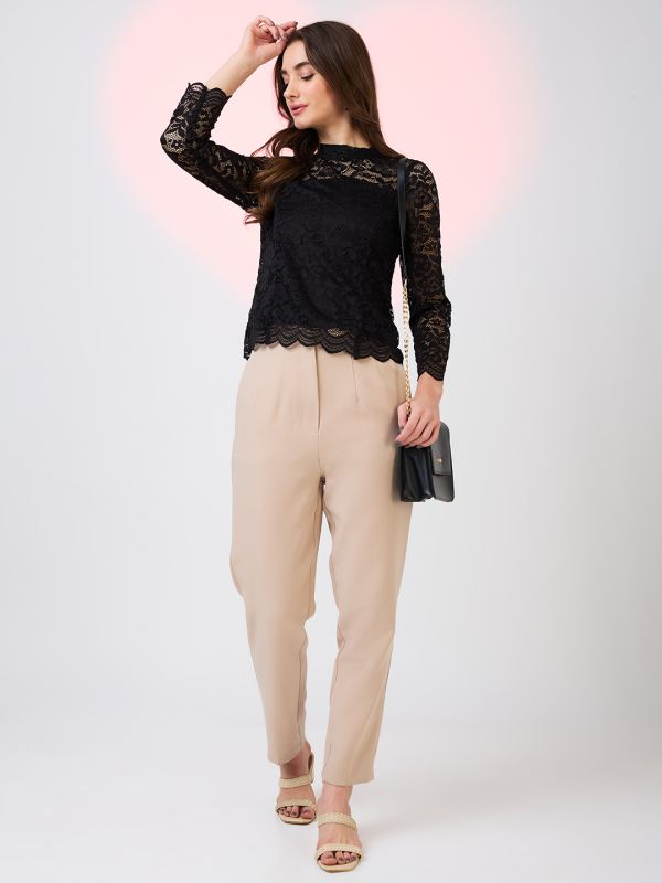 Globus Women Black Self Design High Neck Floral Lace Scalloped Hem Party Top