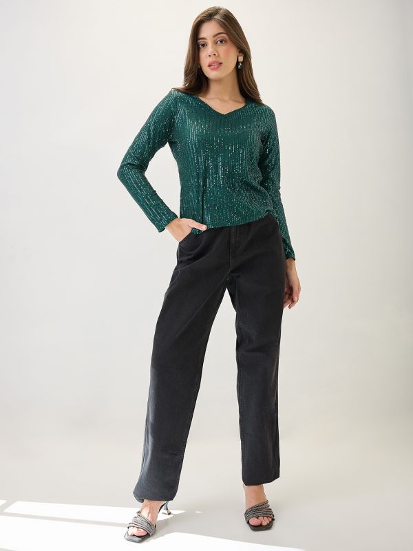 Globus Women Green V-Neck Long Sleeves Embellished Party Top