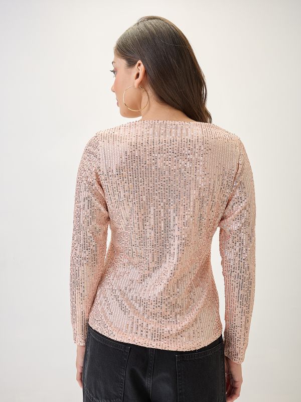 Globus Women Champagne V-Neck Long Sleeves Embellished Party Top