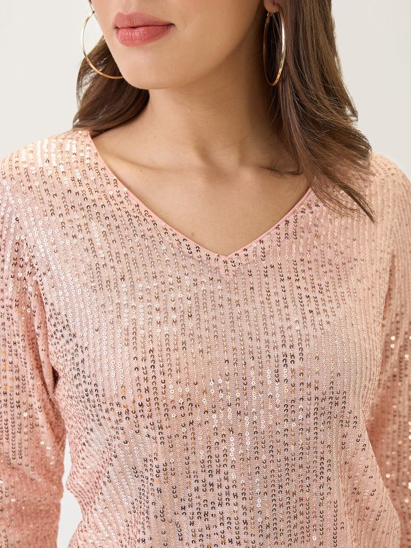 Globus Women Champagne V-Neck Long Sleeves Embellished Party Top