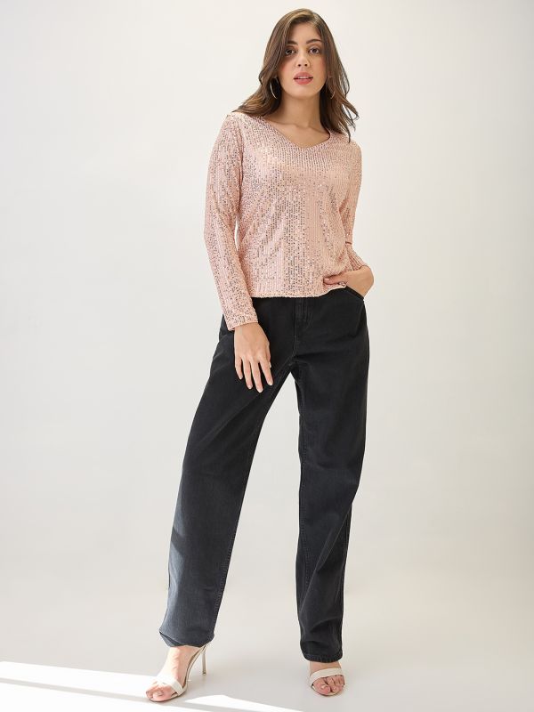 Globus Women Champagne V-Neck Long Sleeves Embellished Party Top