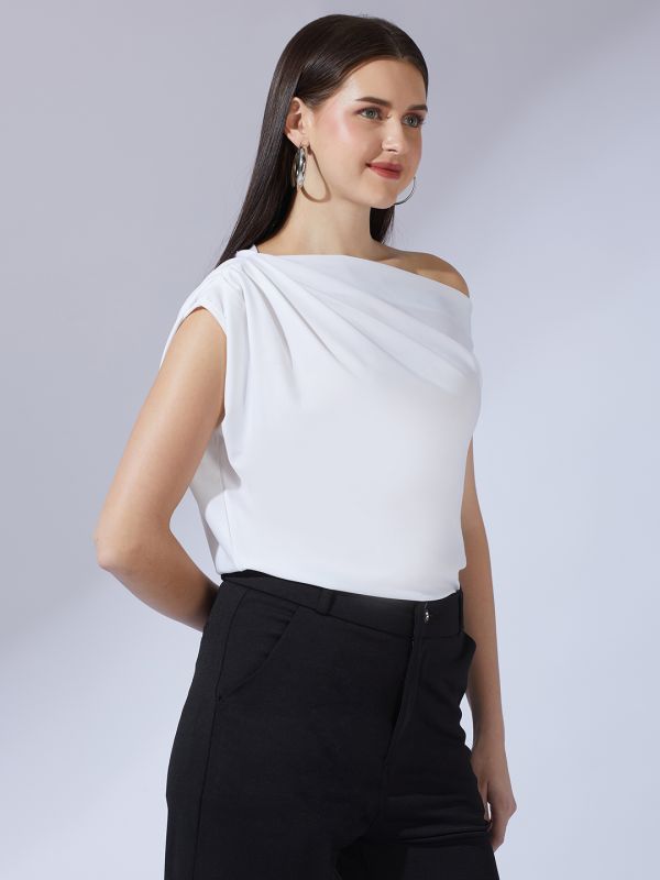 Globus Women White One Shoulder Extended Sleeve Party Top