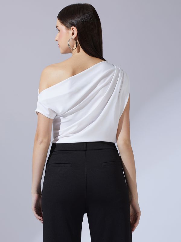 Globus Women White One Shoulder Extended Sleeve Party Top