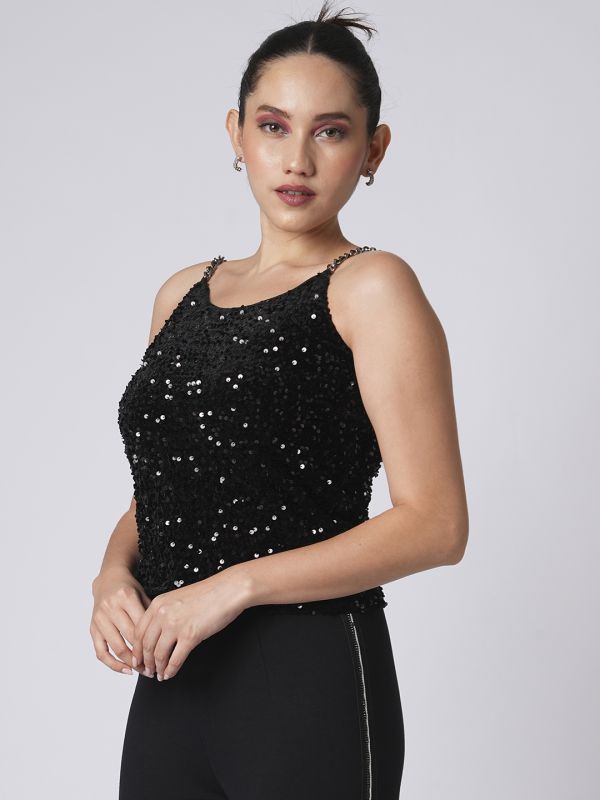 Globus Women Black Round Neck Chain Shoulder Straps Sequinned Velvet Party Top
