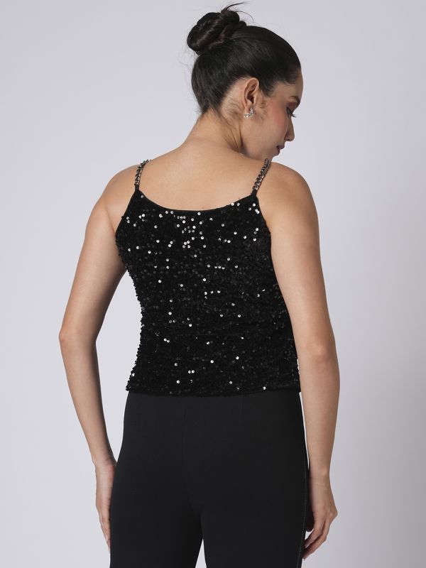 Globus Women Black Round Neck Chain Shoulder Straps Sequinned Velvet Party Top