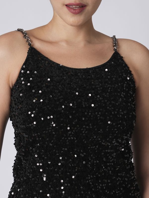 Globus Women Black Round Neck Chain Shoulder Straps Sequinned Velvet Party Top