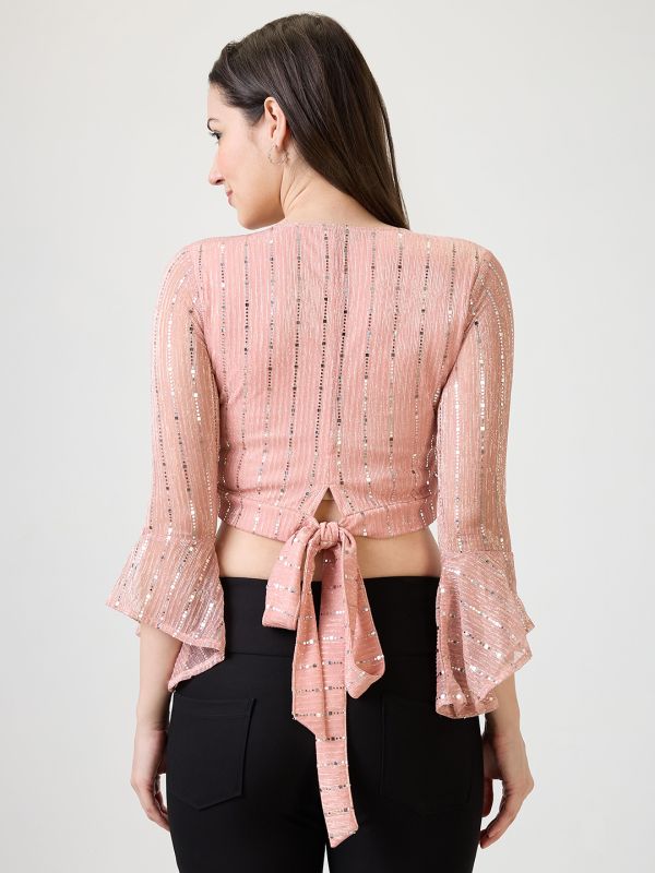Globus Women Pink V-Neck Flared Sleeves Embellished Sheen Waist Tie-Up Party Crop Top