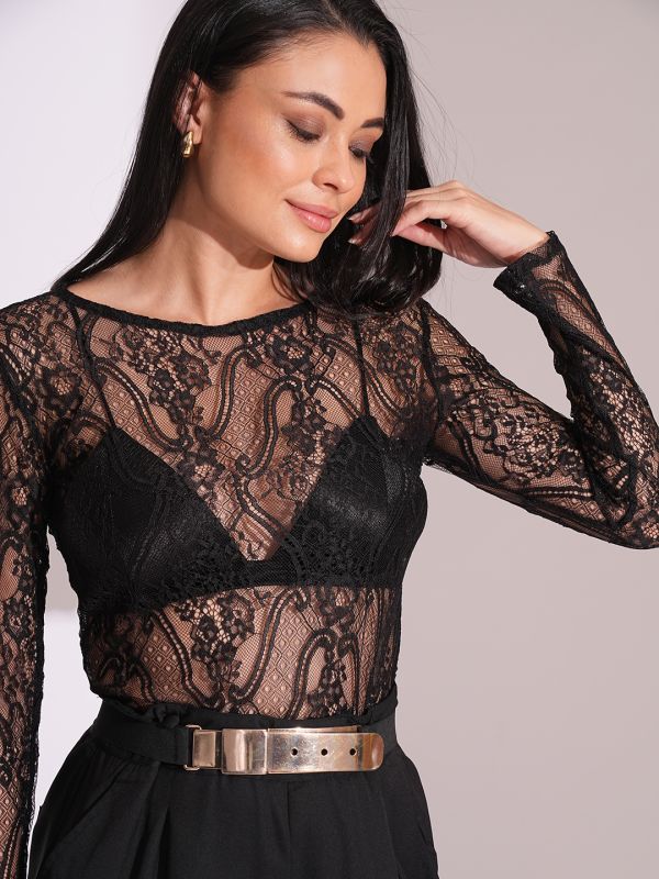 Globus Women Black Boat Neck Self Design Floral Lace Long Sleeve Party Top