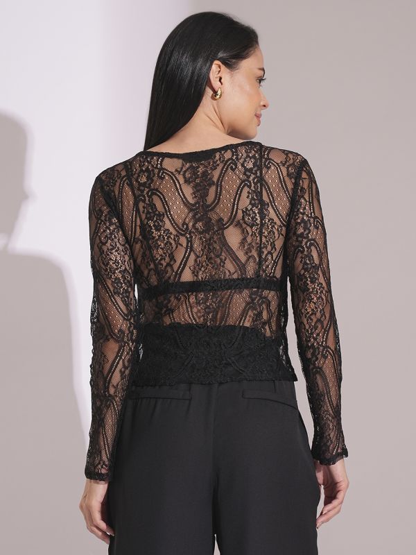 Globus Women Black Boat Neck Self Design Floral Lace Long Sleeve Party Top