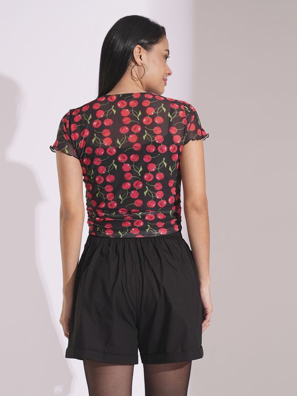 Globus Women Black Graphic Print Short Sleeves Semi Sheer Ruched Party Top