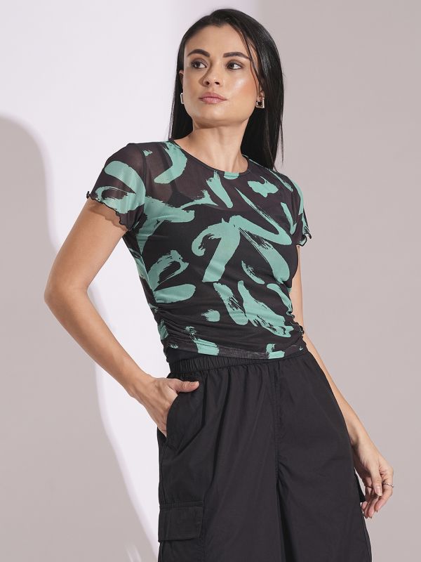 Globus Women Green Abstract Print Short Sleeves Semi Sheer Ruched Party Top