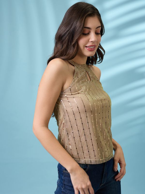 Globus Women Gold Keyhole Halter Neck Sequinned Detail Party Top