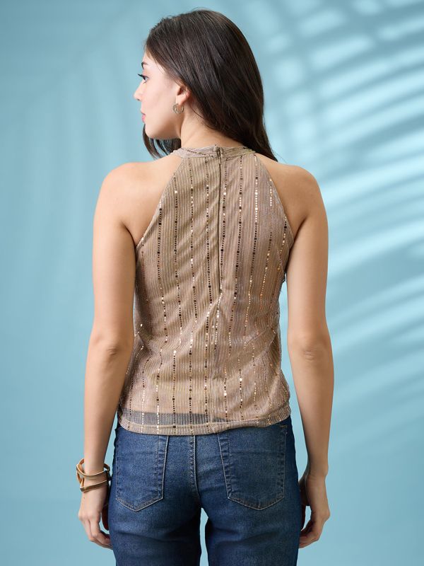 Globus Women Gold Keyhole Halter Neck Sequinned Detail Party Top