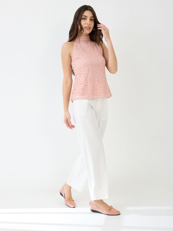 Globus Women Pink Halter Neck Self Design Floral Lace Party Top