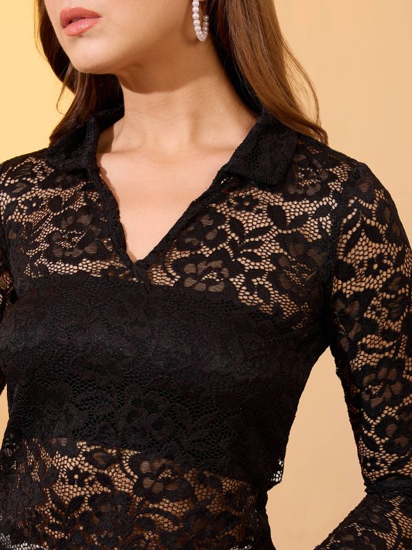 Globus Women Black Collared V-Neck Floral Lace Party Top