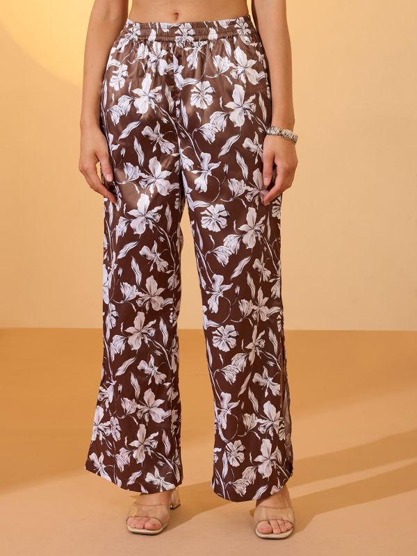 Globus Women Brown Floral Print Mid-Rise Satin Elasticated Wide Leg Resort Trousers
