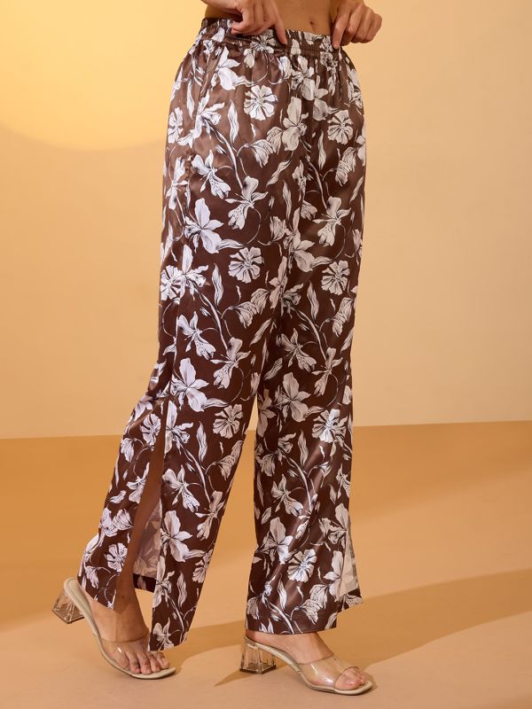 Globus Women Brown Floral Print Mid-Rise Satin Elasticated Wide Leg Resort Trousers