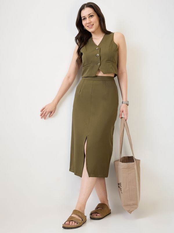 Globus Women Olive V-Neck Solid Cropped Waistcoat With Front Slit Midi Skirt Workwear Co-Ord Set