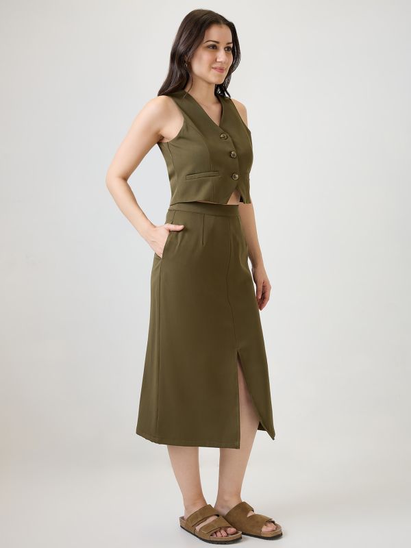 Globus Women Olive V-Neck Solid Cropped Waistcoat With Front Slit Midi Skirt Workwear Co-Ord Set