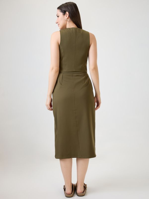 Globus Women Olive V-Neck Solid Cropped Waistcoat With Front Slit Midi Skirt Workwear Co-Ord Set