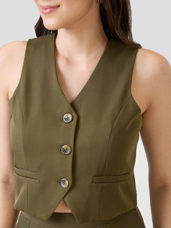 Globus Women Olive V-Neck Solid Cropped Waistcoat With Front Slit Midi Skirt Workwear Co-Ord Set