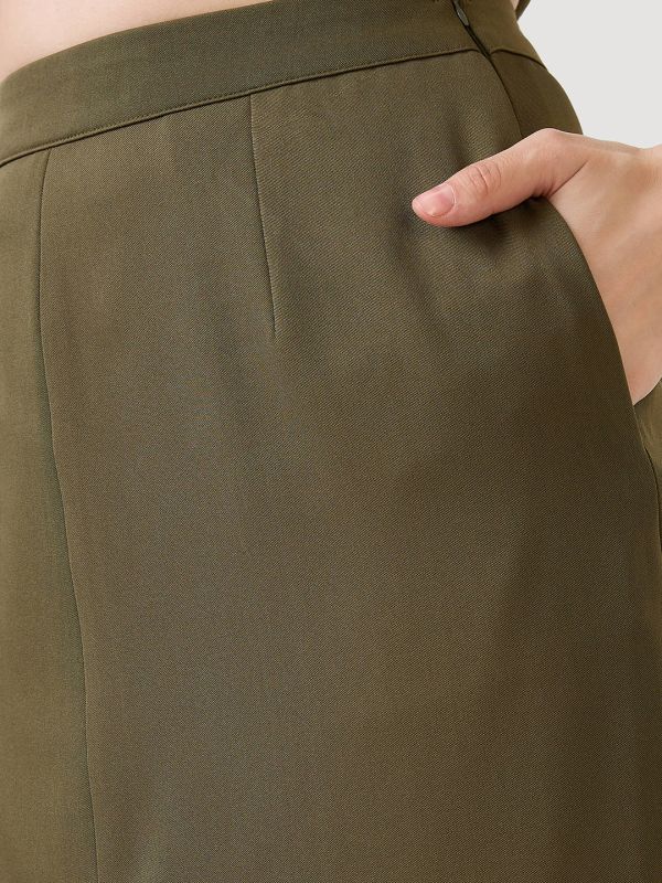 Globus Women Olive V-Neck Solid Cropped Waistcoat With Front Slit Midi Skirt Workwear Co-Ord Set