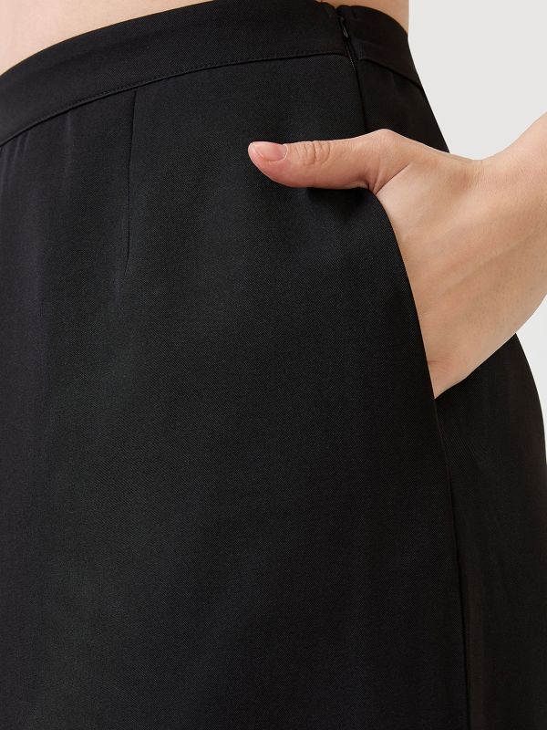 Globus Women Black V-Neck Solid Cropped Waistcoat With Front Slit Midi Skirt Workwear Co-Ord Set