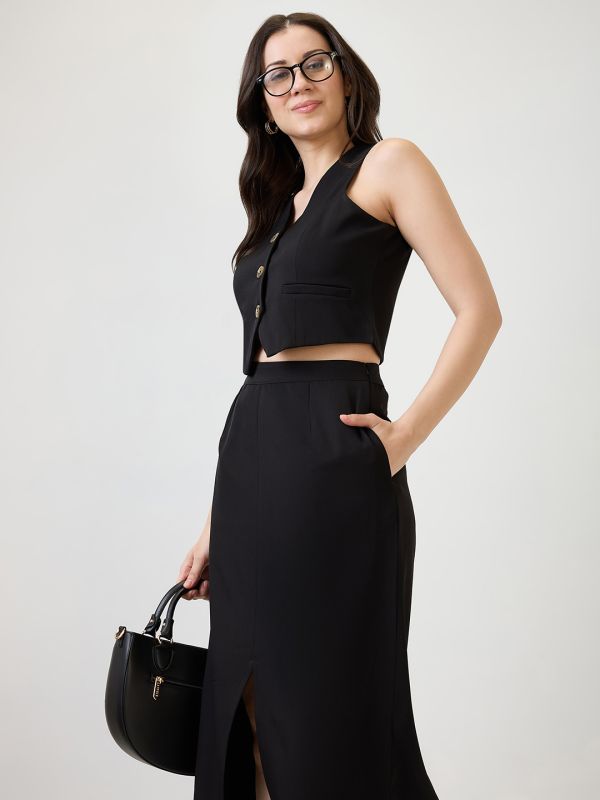 Globus Women Black V-Neck Solid Cropped Waistcoat With Front Slit Midi Skirt Workwear Co-Ord Set