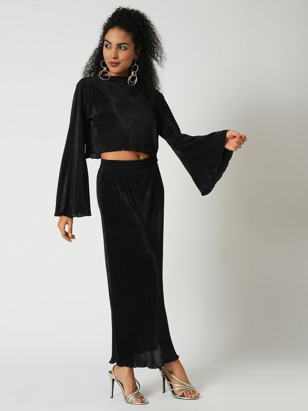 Globus Women Black Accordion Pleats Round Neck Bell Sleeves Crop Top With Side Slit Maxi Skirt Party Co-Ord Set