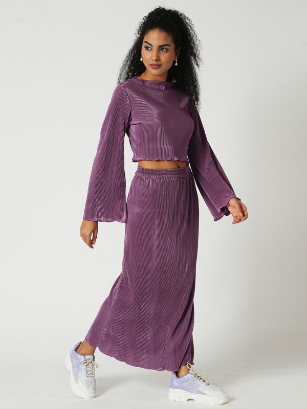 Globus Women Lavender Accordion Pleats Round Neck Bell Sleeves Crop Top With Side Slit Maxi Skirt Party Co-Ord Set