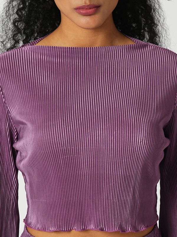 Globus Women Lavender Accordion Pleats Round Neck Bell Sleeves Crop Top With Side Slit Maxi Skirt Party Co-Ord Set