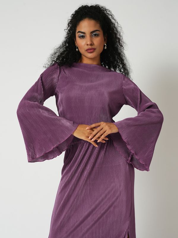 Globus Women Lavender Accordion Pleats Round Neck Bell Sleeves Crop Top With Side Slit Maxi Skirt Party Co-Ord Set