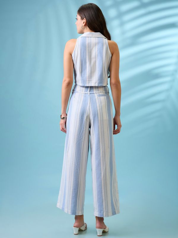 Globus Women Blue Striped Notched Lapel Crop Shirt & Wide Leg Trousers Co-Ord Set