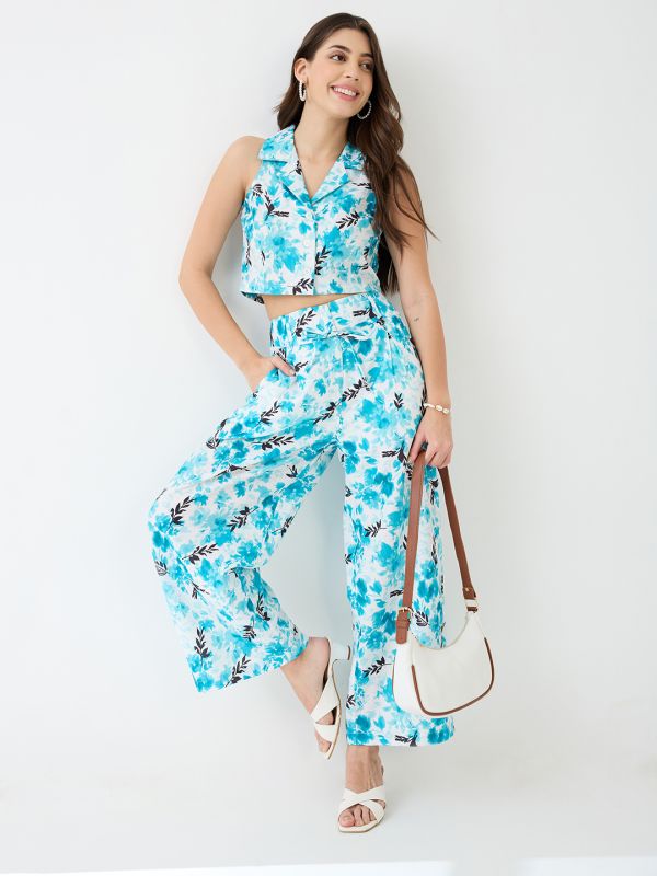 Globus Women Blue Notched Lapel Floral Print Crop Shirt & Wide Leg Trousers Co-Ord Set