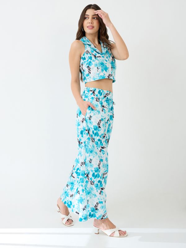 Globus Women Blue Notched Lapel Floral Print Crop Shirt & Wide Leg Trousers Co-Ord Set