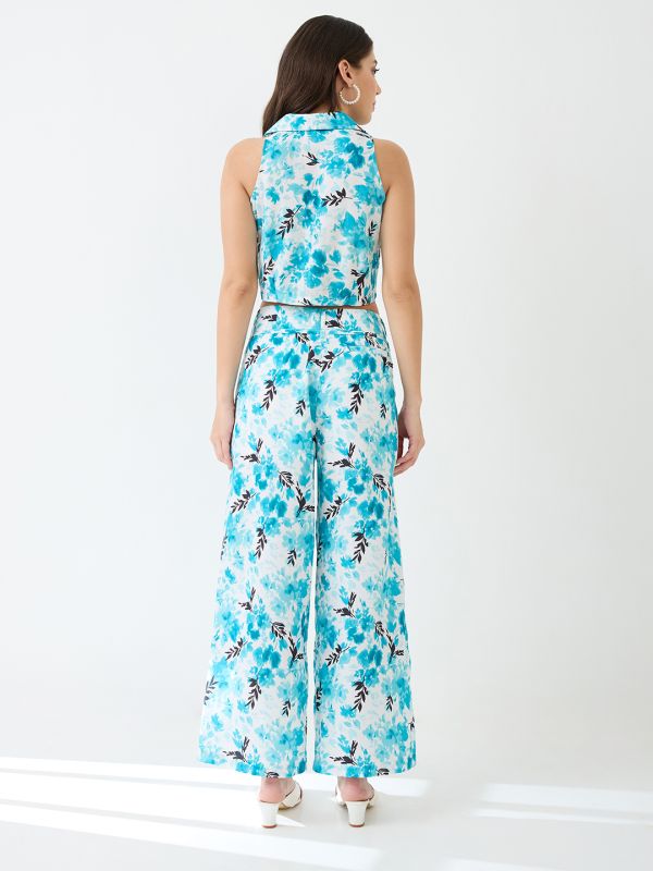 Globus Women Blue Notched Lapel Floral Print Crop Shirt & Wide Leg Trousers Co-Ord Set