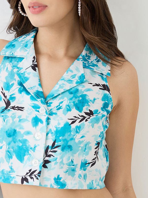 Globus Women Blue Notched Lapel Floral Print Crop Shirt & Wide Leg Trousers Co-Ord Set