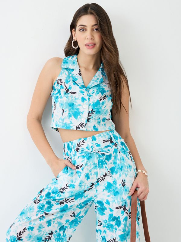 Globus Women Blue Notched Lapel Floral Print Crop Shirt & Wide Leg Trousers Co-Ord Set